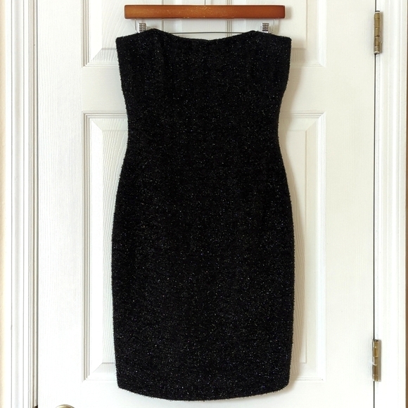 1995 Vintage Little Black Sparkle Knit Strapless Sheath Tube Mini Dress 4 - Picture 1 of 14
